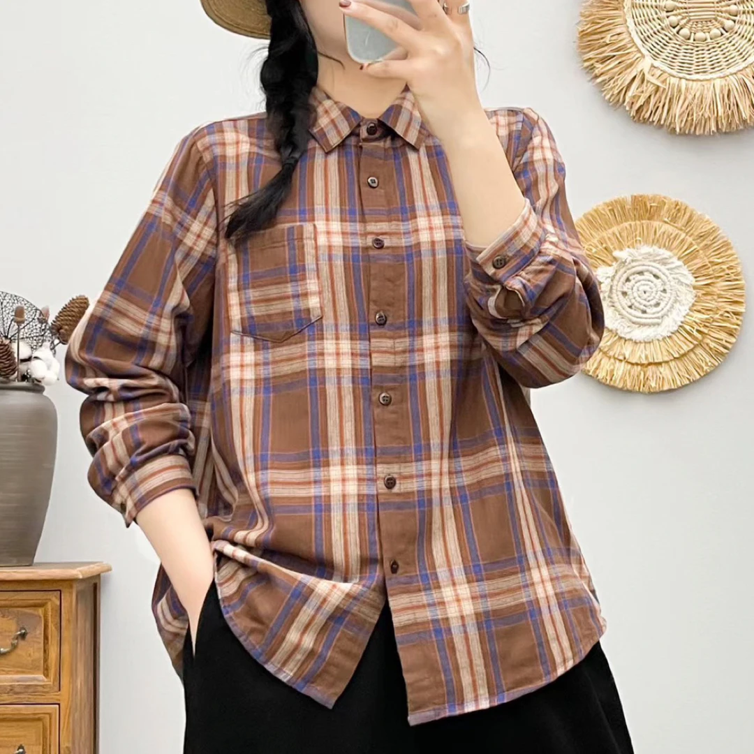 秋季格纹文艺复古双层棉纱长袖格子衬衫女宽松休闲百搭上衣