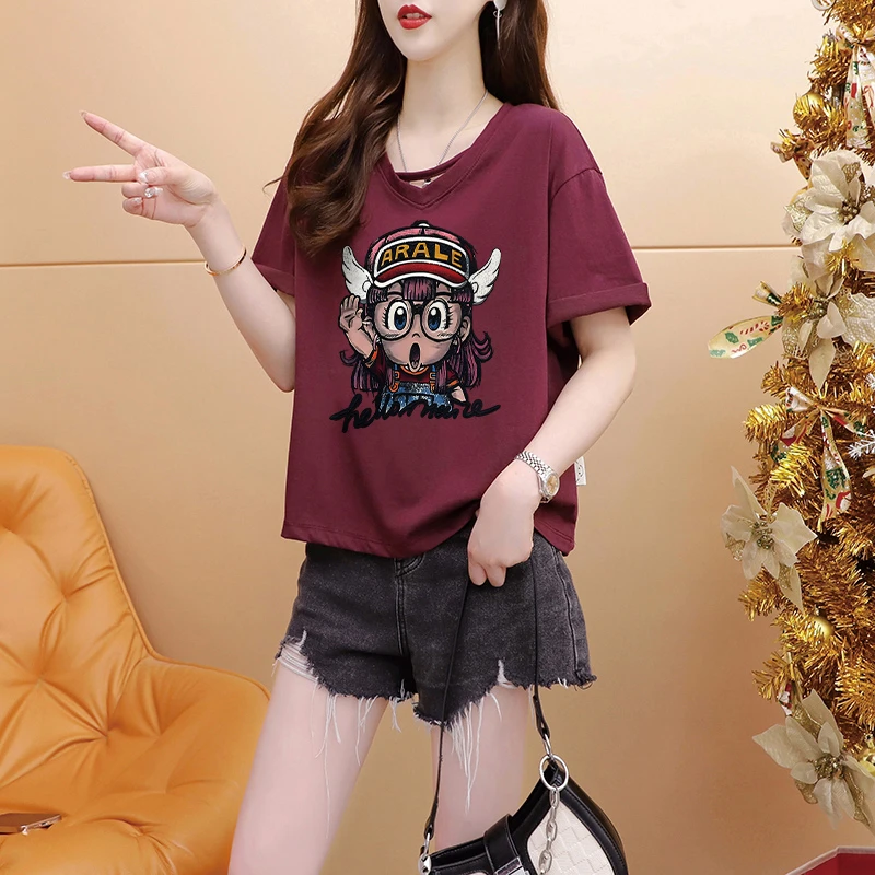 休闲风韩版短款T恤女夏季爆款韩版宽松卡通动漫小个子纯棉上衣ins