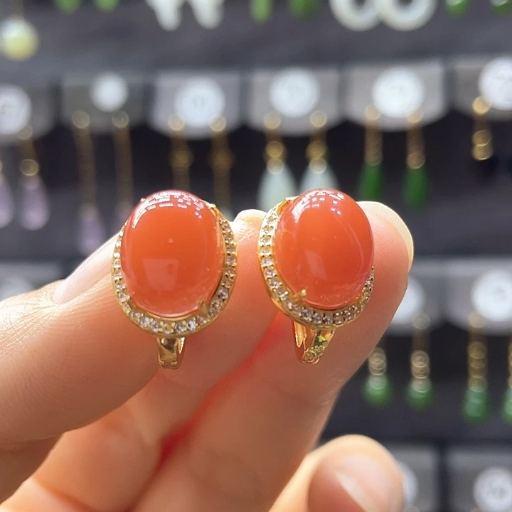 南红玛瑙银S925镀金镶嵌耳饰