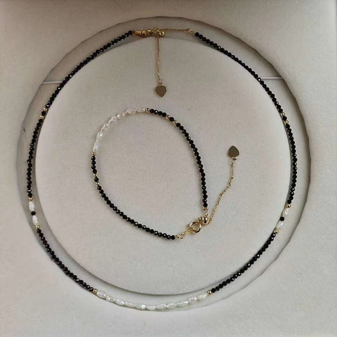淡水珍珠 keshi珍珠黑晶项链手链两件套 3-4mm