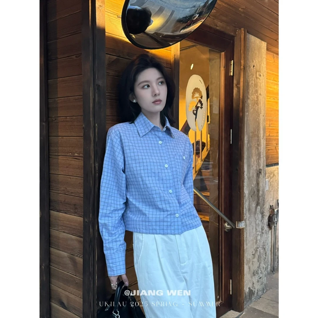 UKILAU【迷人海妖】早春格纹衬衫上衣短款衬衣