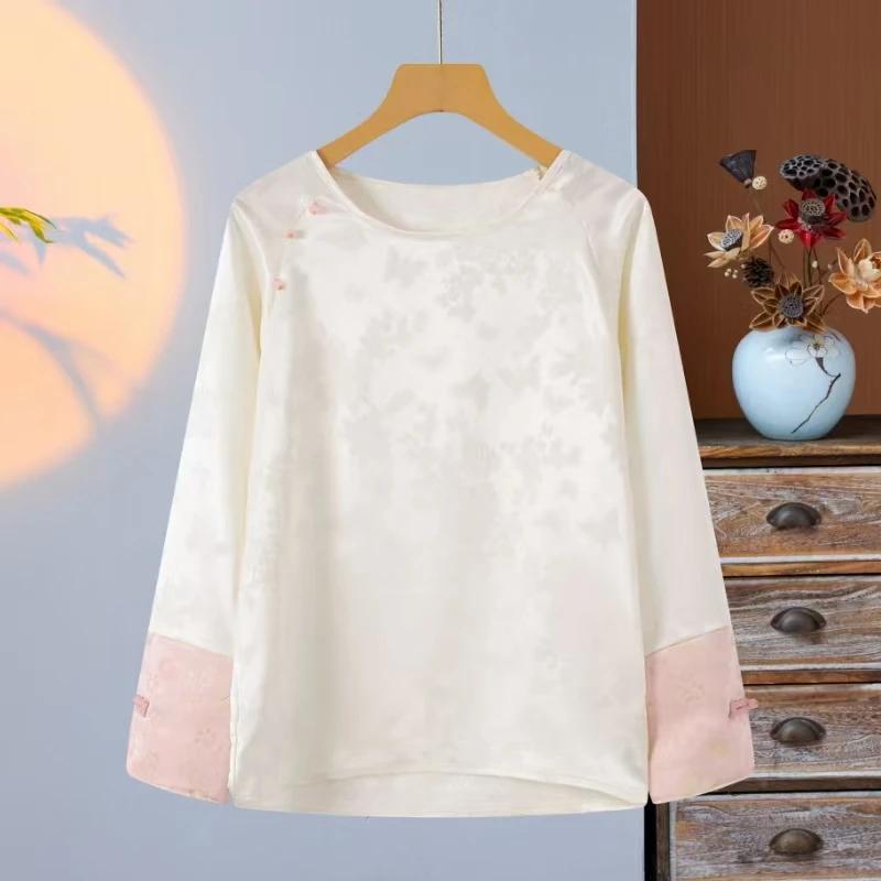 新款复古国风长袖衬衫新中式盘扣刺绣拼接打底衫提花洋气上衣