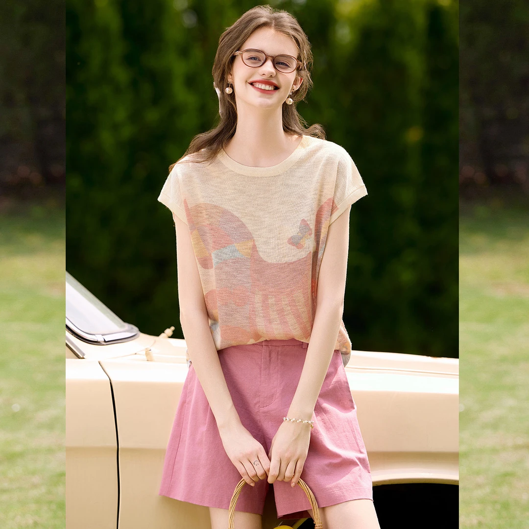 白鹿语25夏新款气质圆领个性连肩时尚印花薄款短袖针织衫YU20516