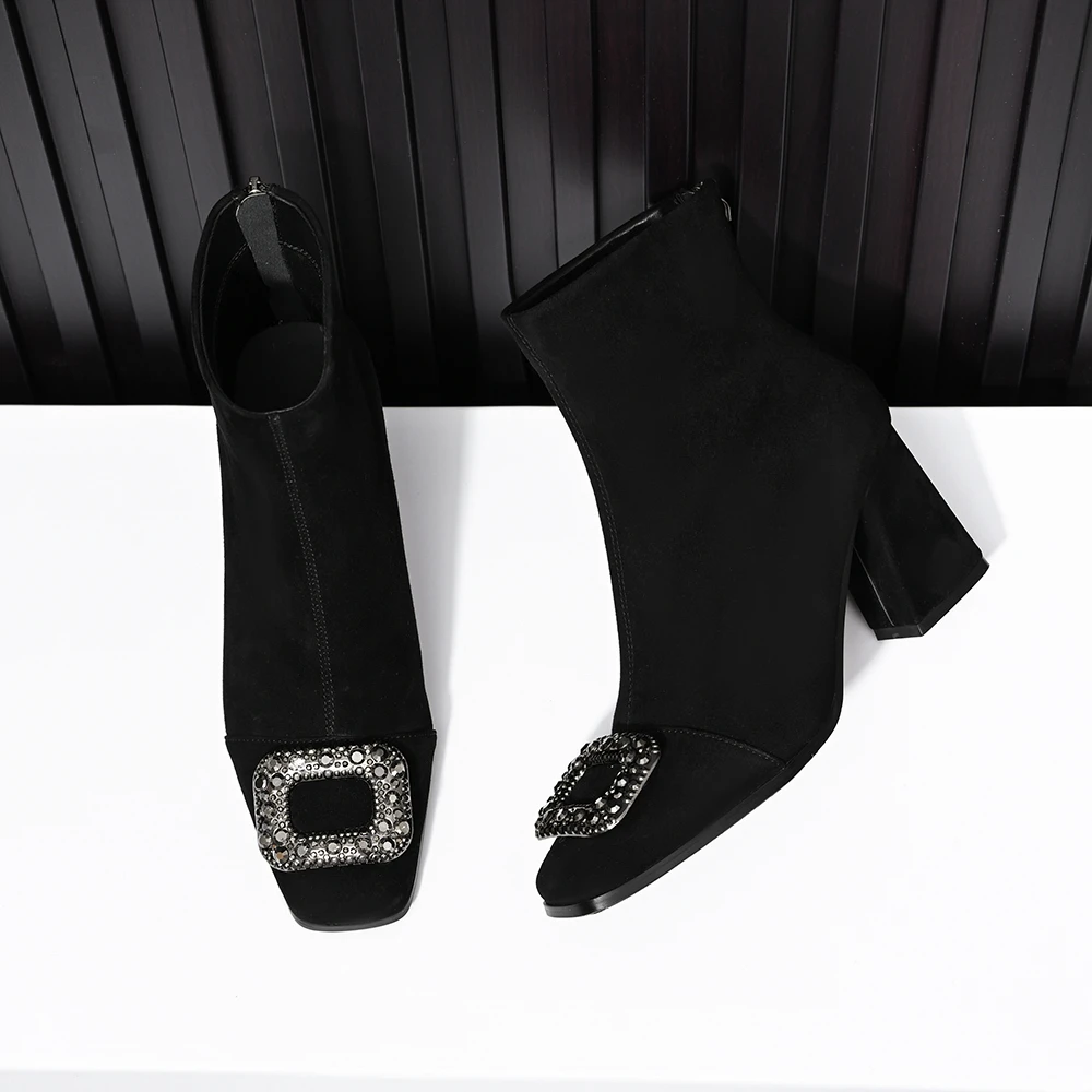 真皮羊皮方扣水钻瘦瘦靴小短靴女秋冬新款绒面方头高跟后拉链靴子