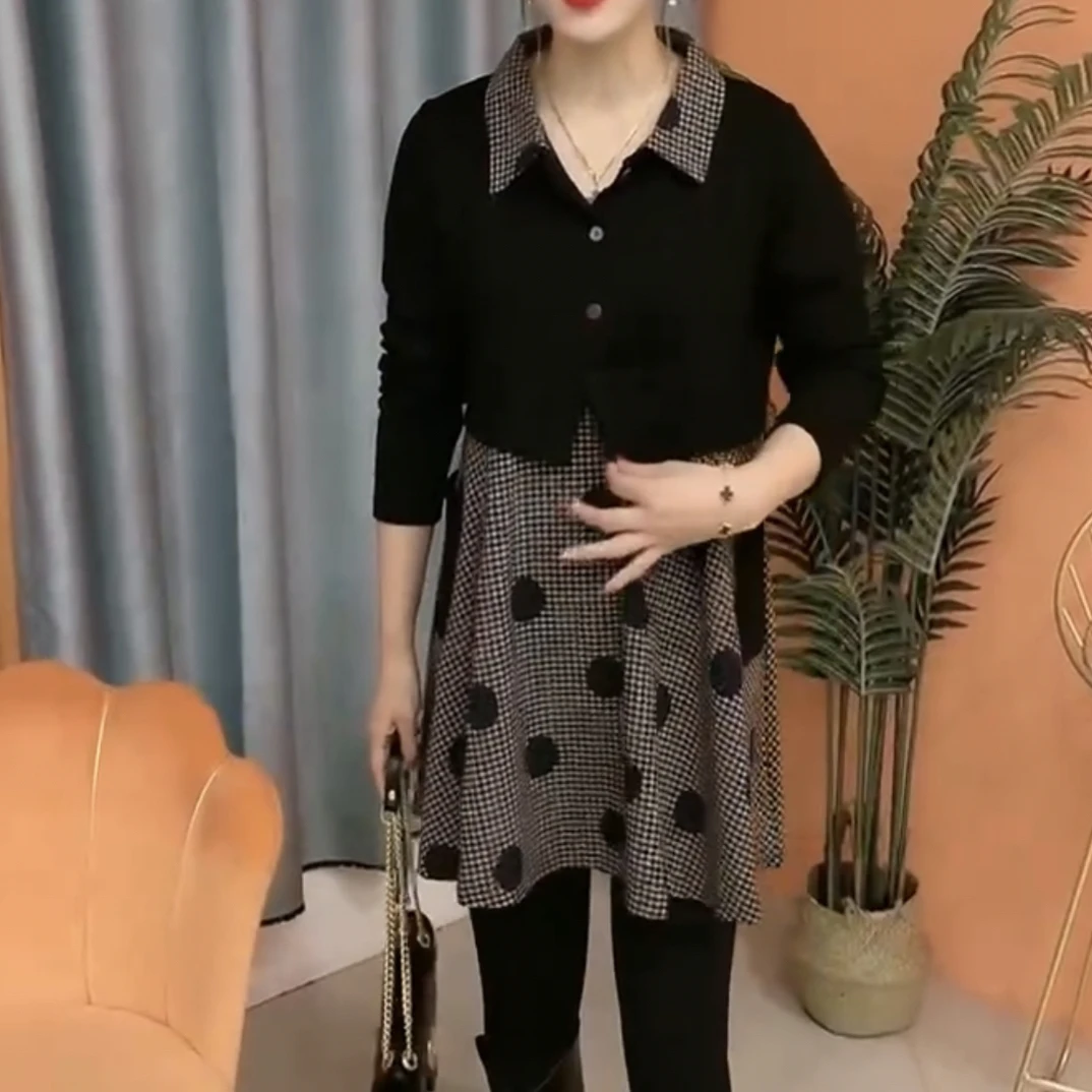 秋季翻领拼接假两件格子设计减龄遮肉百搭洋气宽松短款连衣裙