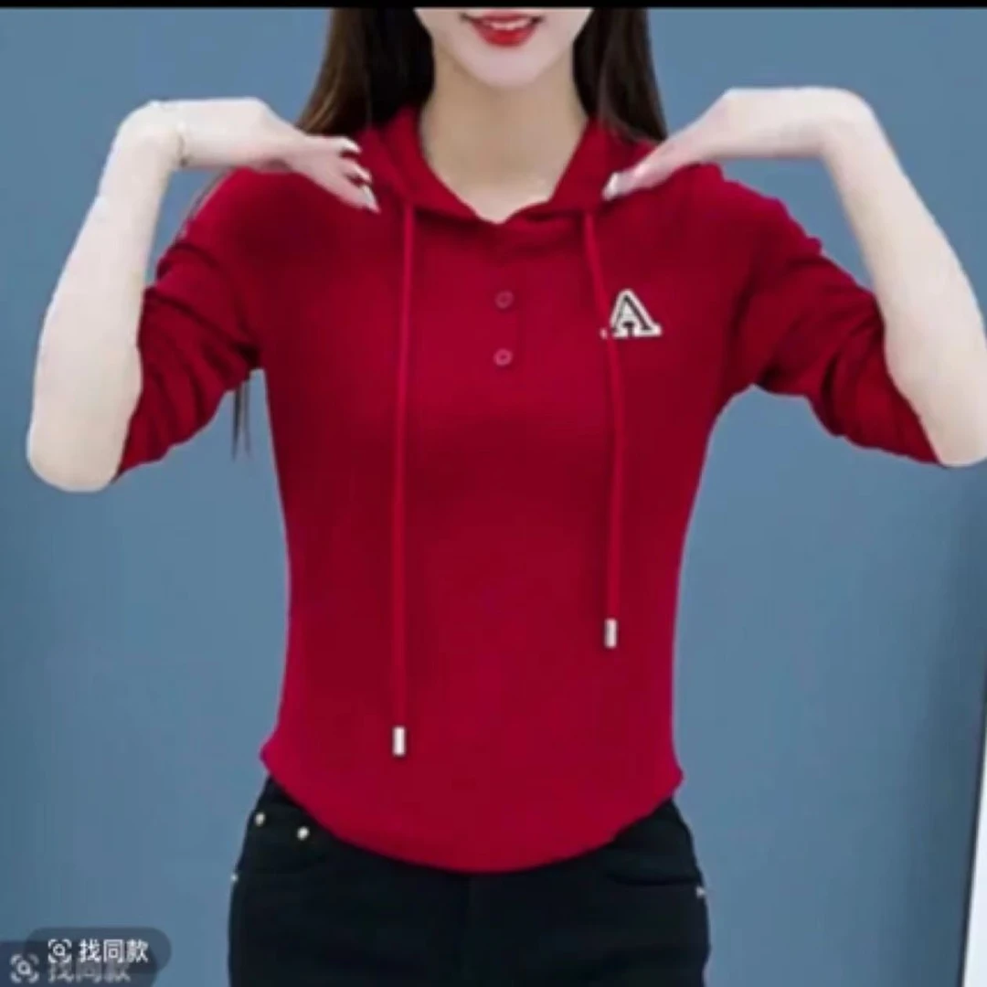 时尚洋气宽松翻领长袖显瘦带帽子休闲打底衫女小衫