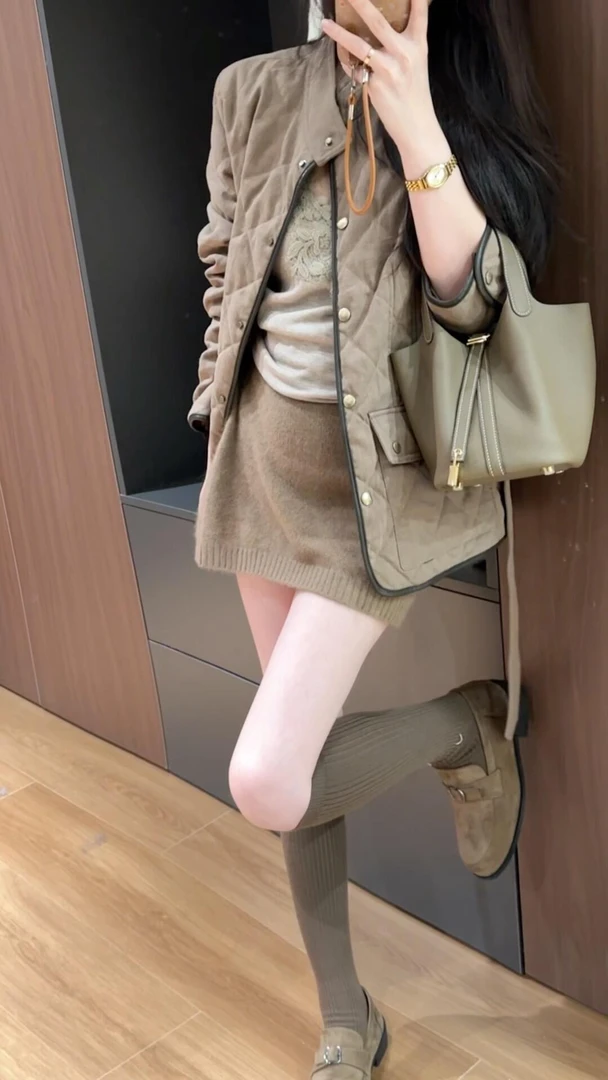 2025秋冬新款极简立领老钱风轻薄棉服外套气质百搭半裙两件套装