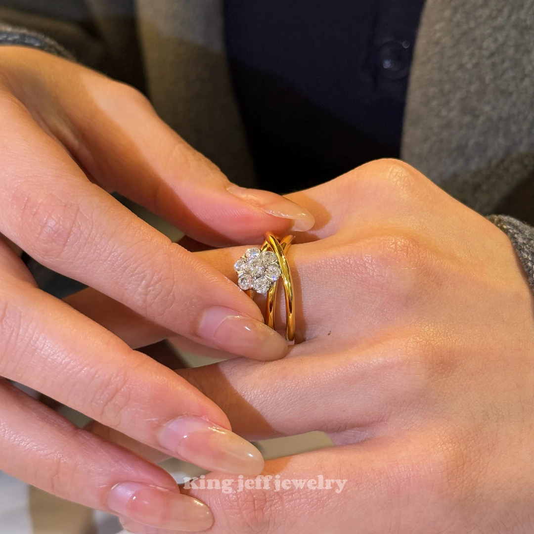 金杰福【钻花flowers 】冰透分色三环s925银镀真金戒指