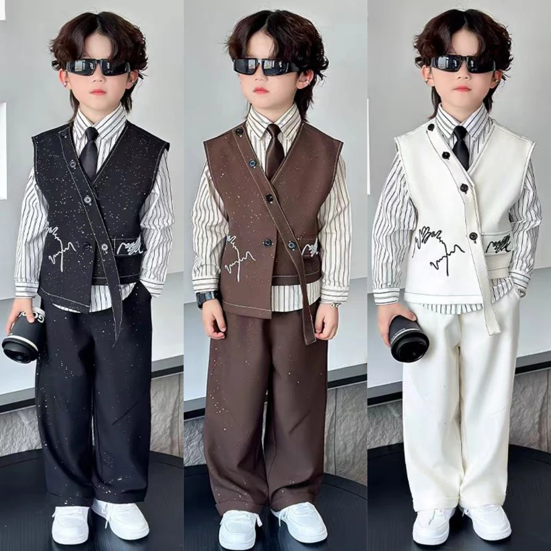 儿童西服复古亮闪闪马甲西装套装男童时尚休闲走秀小礼服男孩春秋
