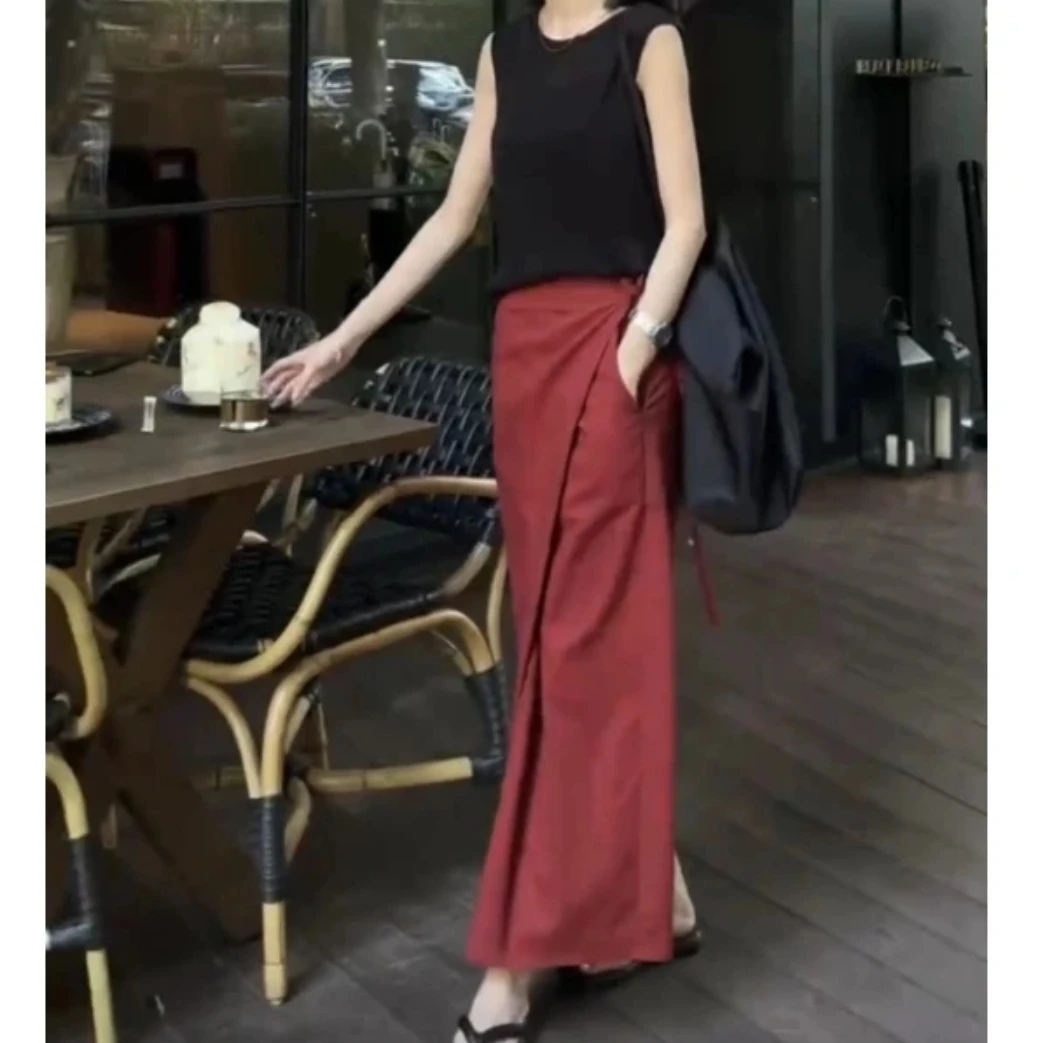 拼接不规则上衣气质红色洋气纯色半身裙时尚百搭休闲潮流精品女装