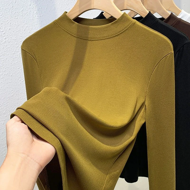 春秋2025新款薄款螺纹打底衫女百搭修身显瘦纯色内搭长袖T恤女