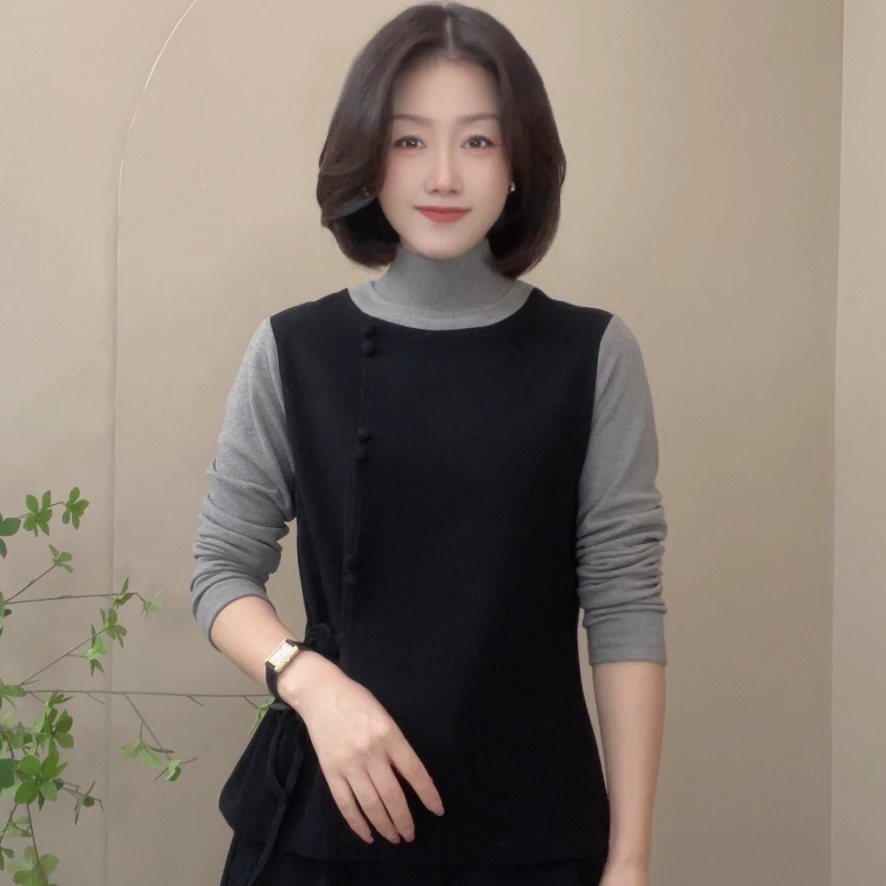 1132半高领T恤拼接宽松型女士长袖气质纯色女休闲