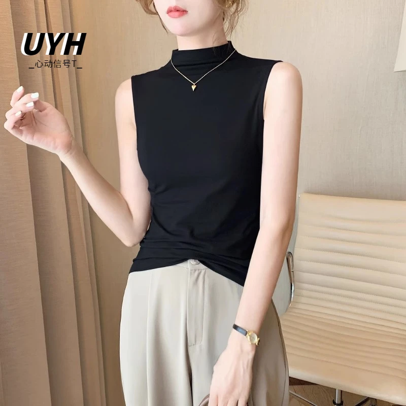 UYH黑色莫代尔半高领无袖t恤背心女 夏外穿2025新款内搭打底坎肩