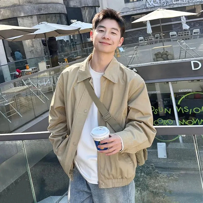 纯色翻领夹克工装男生2025新款春秋季外套上衣百搭宽松简约休闲