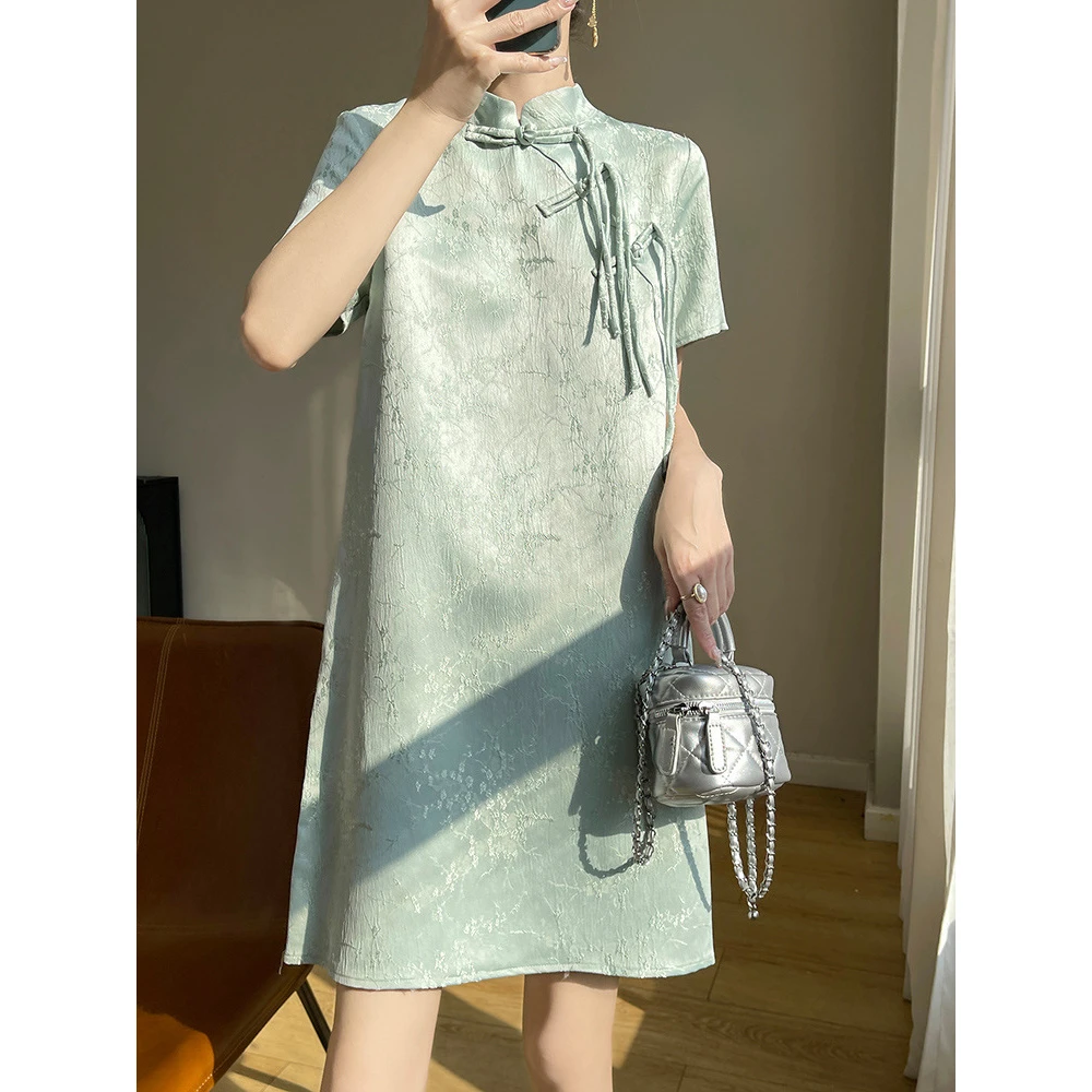 新中式国风旗袍裙女夏季黑色改良版日常短袖A字连衣裙加大码旗袍