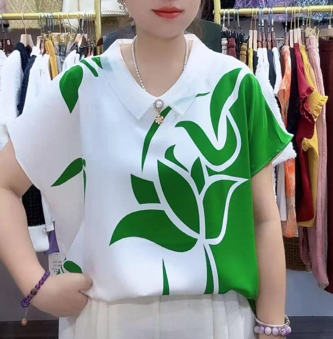 娃娃领短袖套头印花宽松型雪纺衫夏季夏装上衣小衫显瘦无袖