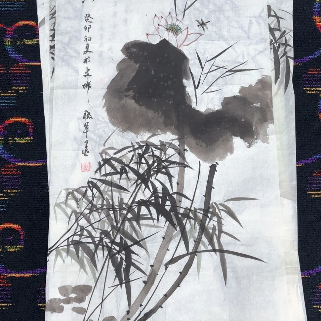 国画三尺竹子花鸟朱