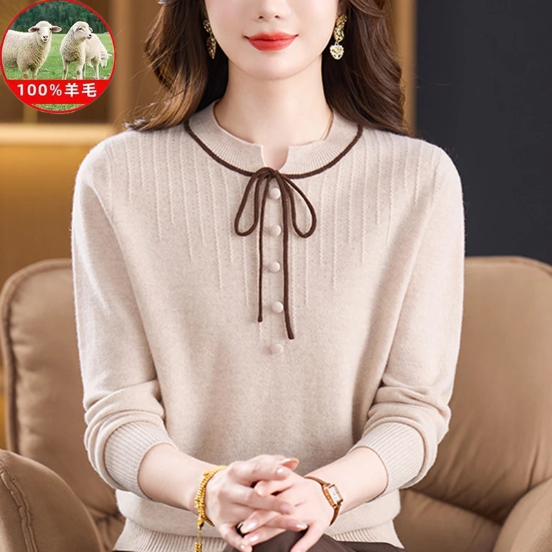 2025秋冬新款中年妈妈圆领高档时尚针织100%绵羊毛高档纯羊毛衫