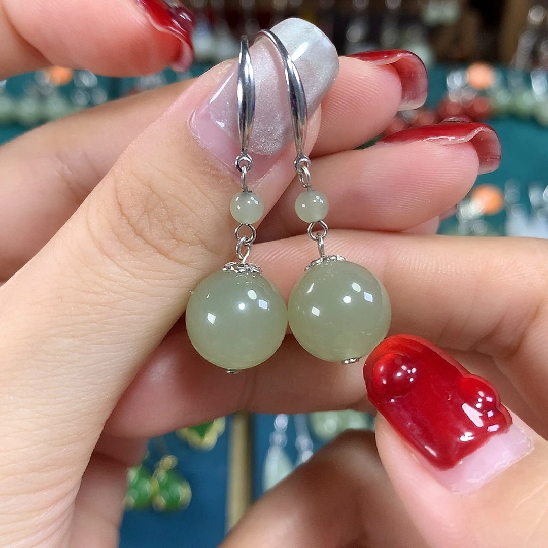 和田玉银S925镶嵌耳饰天然青海料卡12mm左右