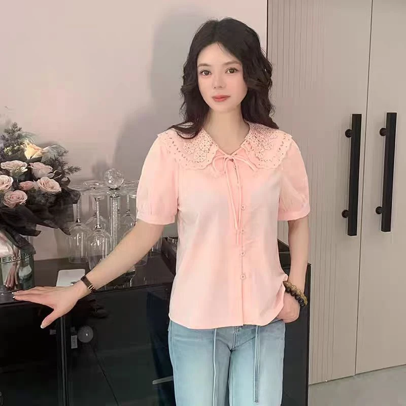 8538【衣长56】常规娃娃领短袖纯色蕾丝打底衫小众上衣翻领复古风