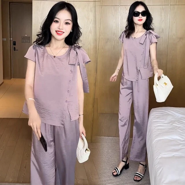 时尚套装女2025夏季新款洋气质显瘦薄款短袖上衣阔腿裤减龄两件套