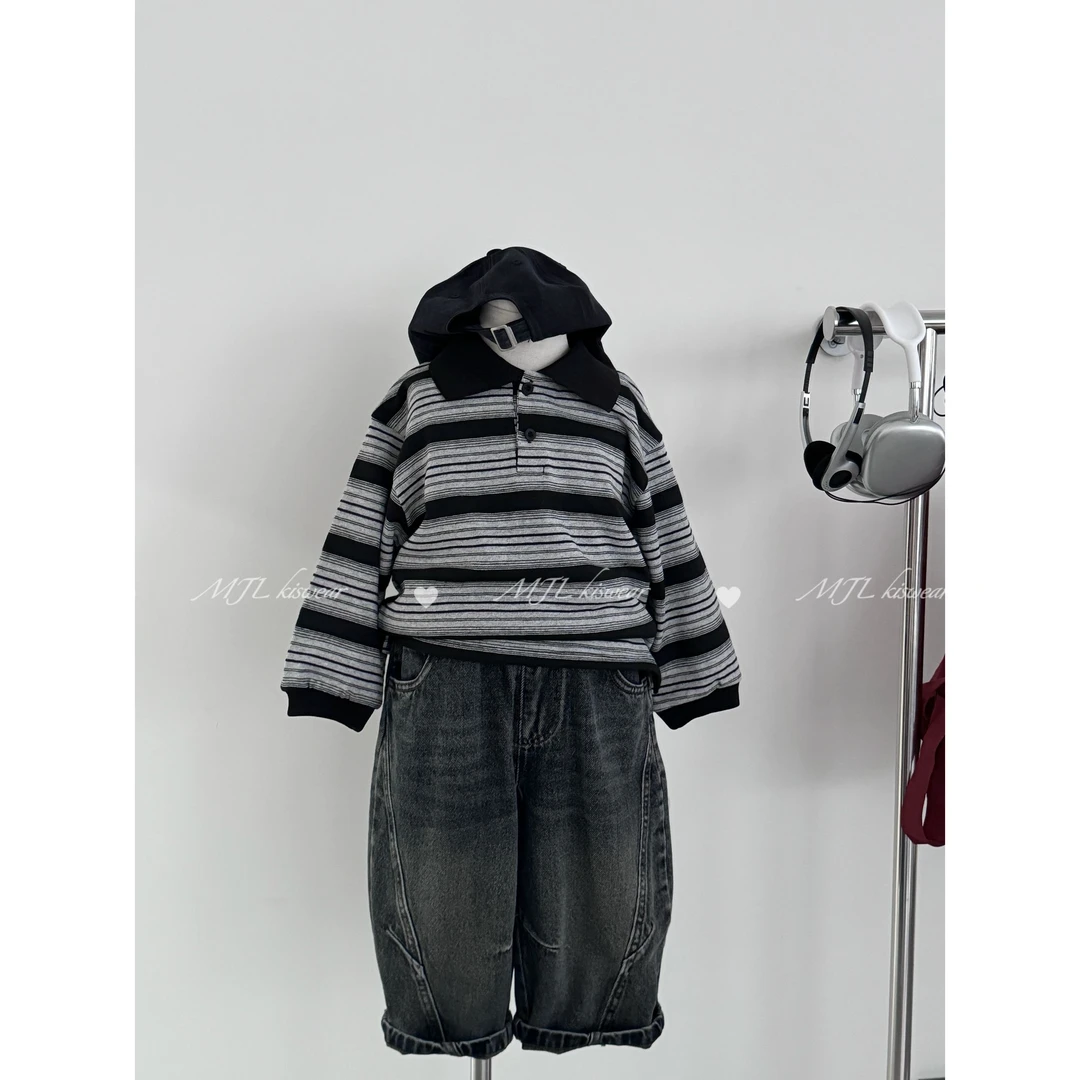 MJL丨25秋款大男孩条纹polo卫衣潮酷牛仔裤儿童套装丨MJ17