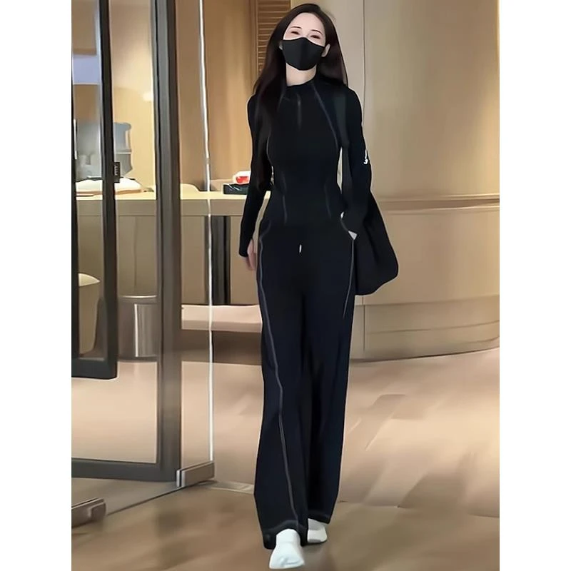 户外跑步休闲运动服套装女春季季高级感修身黑色开衫阔腿裤两件套