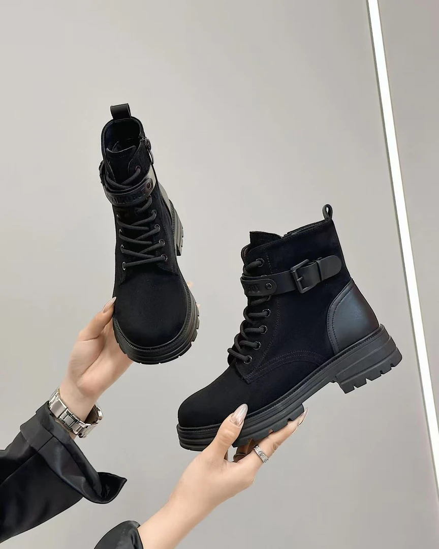英伦风复古马丁靴女秋冬季新款后拉链短靴百搭厚底弹力靴   990-9