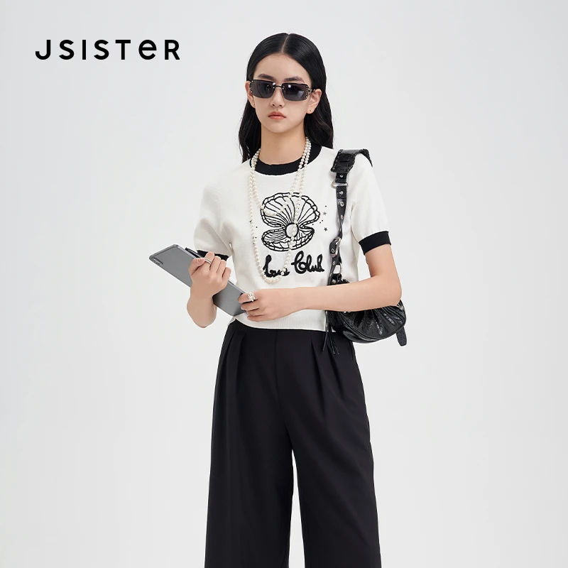 jsister 夏装新款 JS女装时尚黑白贝壳针织衫