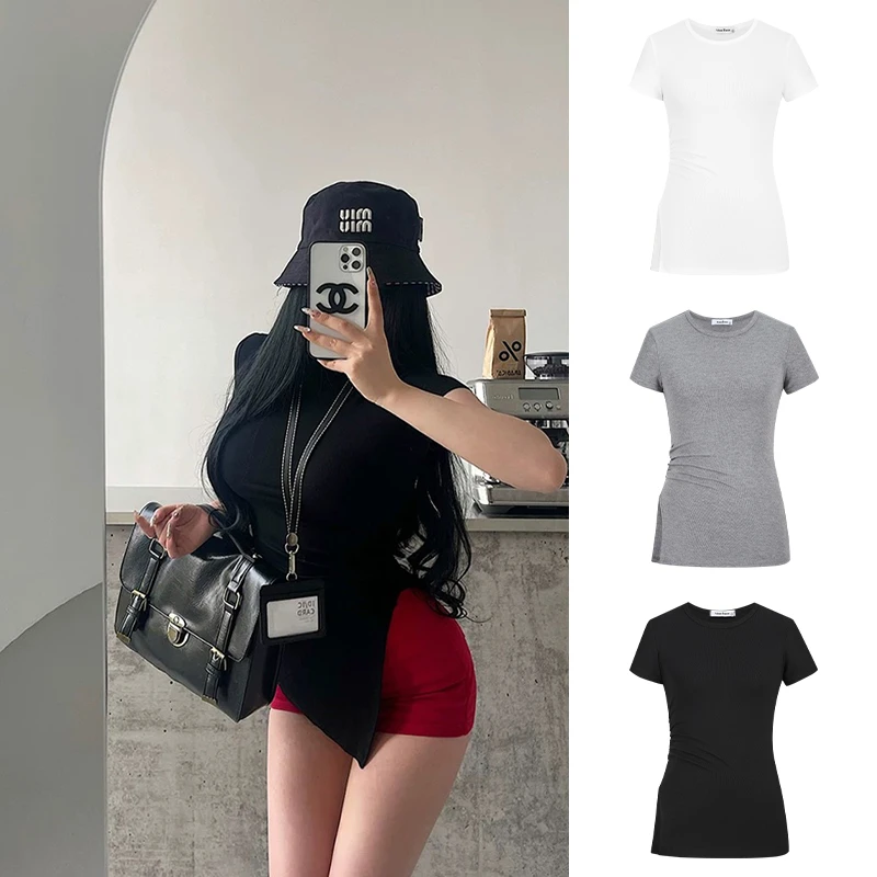 Moses Queen/魔西女王欧美风褶皱紧身弹力短袖T恤女开叉修身上衣