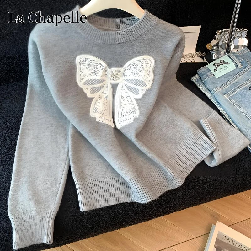 拉夏贝尔法式蝴蝶结针织衫女秋冬韩版新款百搭灰色套头毛衣chic潮