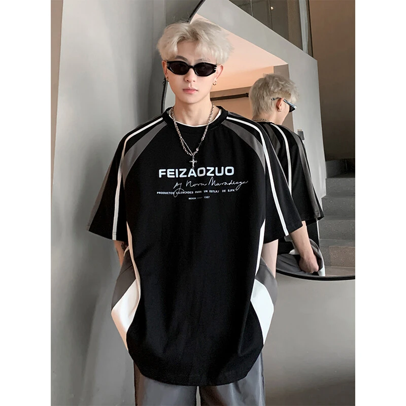 黑白撞色拼接赛车服t恤男夏季320g重磅短袖cleanfit纯棉美式半袖