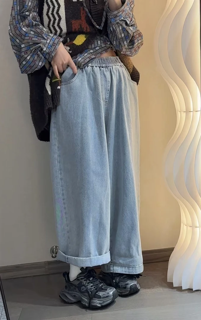柚柚酱春季新款百搭宽松时尚直筒做旧休闲牛仔裤