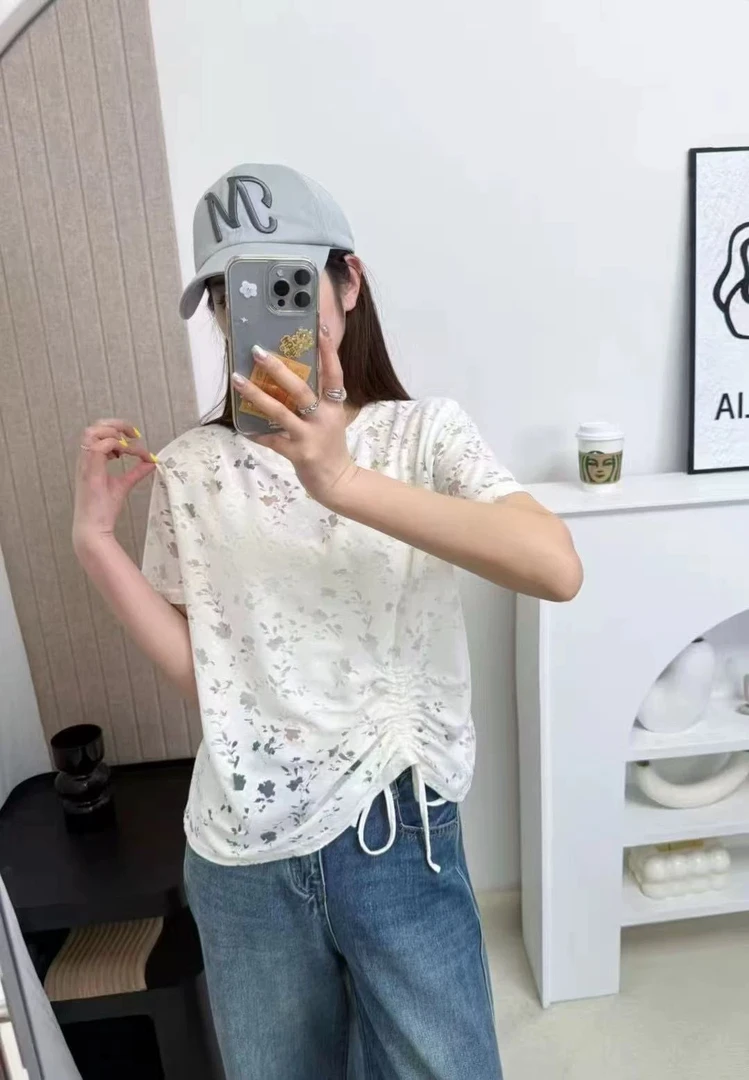 镂空百搭抽绳显瘦T恤2578