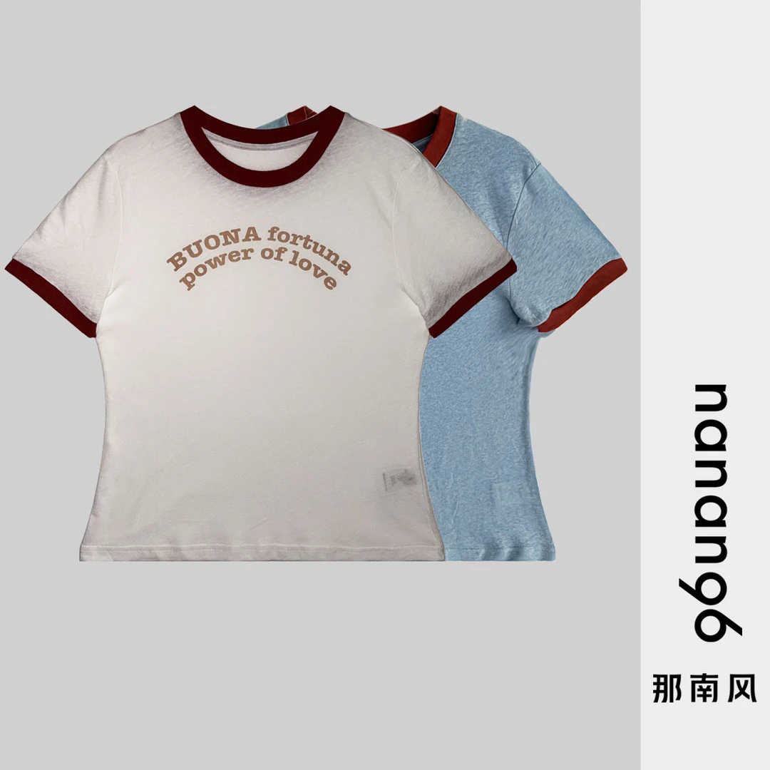 那南风【美式复古T】圆领棉麻短袖植绒工艺复古运动风青春趣味撞色