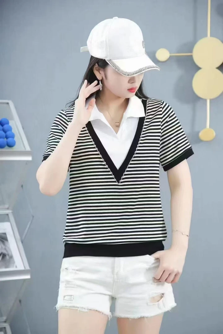 新款短袖条纹假两件