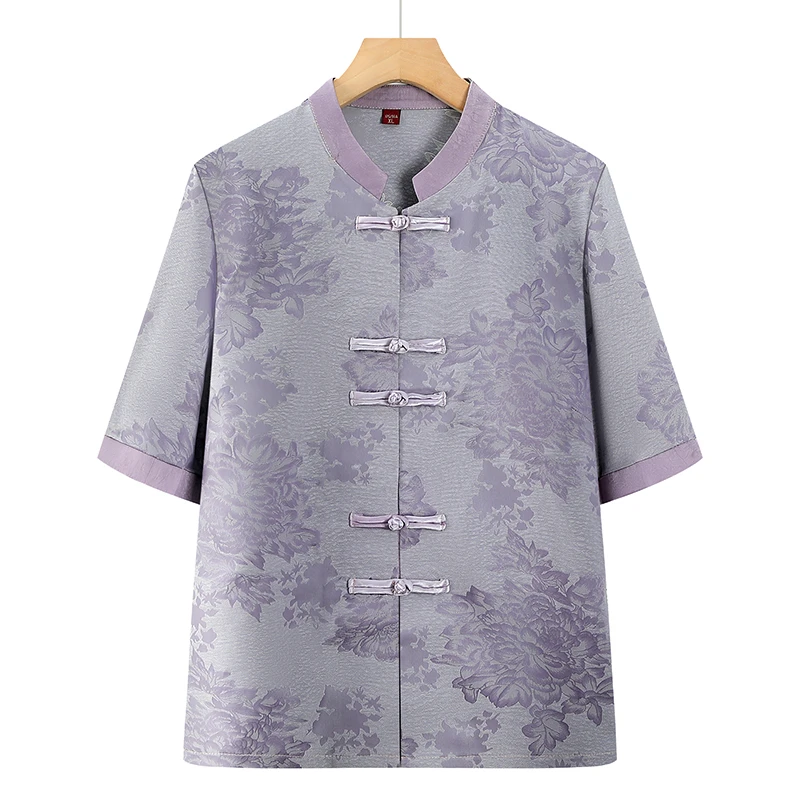 新中式奶奶装国风衬衫上衣中袖妈妈夏装新款洋气老年人上衣宽松