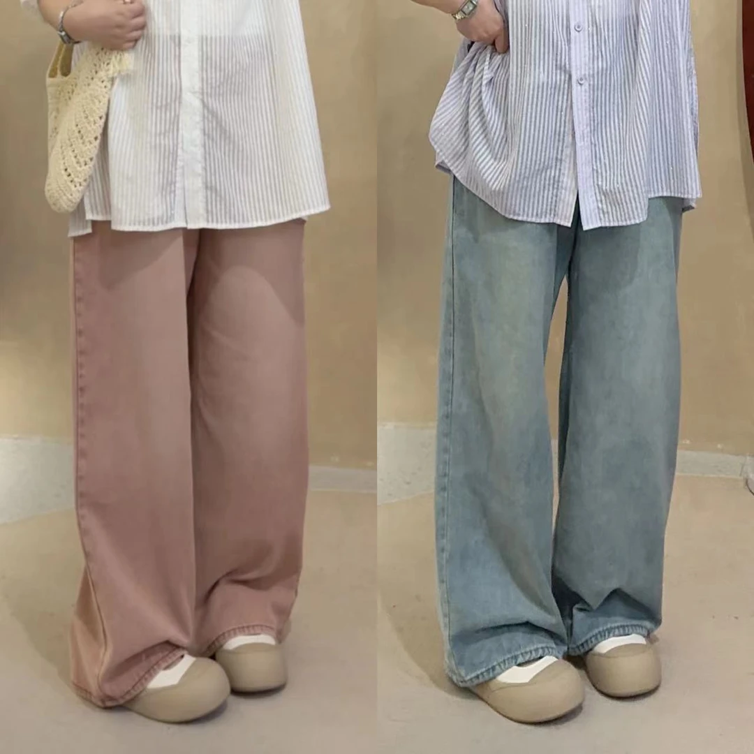 晶咕【夏日甜心】半松紧腰水洗做旧直筒裤百搭休闲高腰宽松