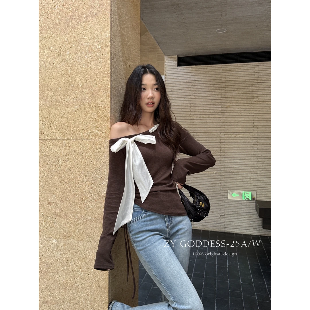 【允美妍】早秋上新法式优雅撞色蝴蝶结不规则收腰显瘦连衣裙