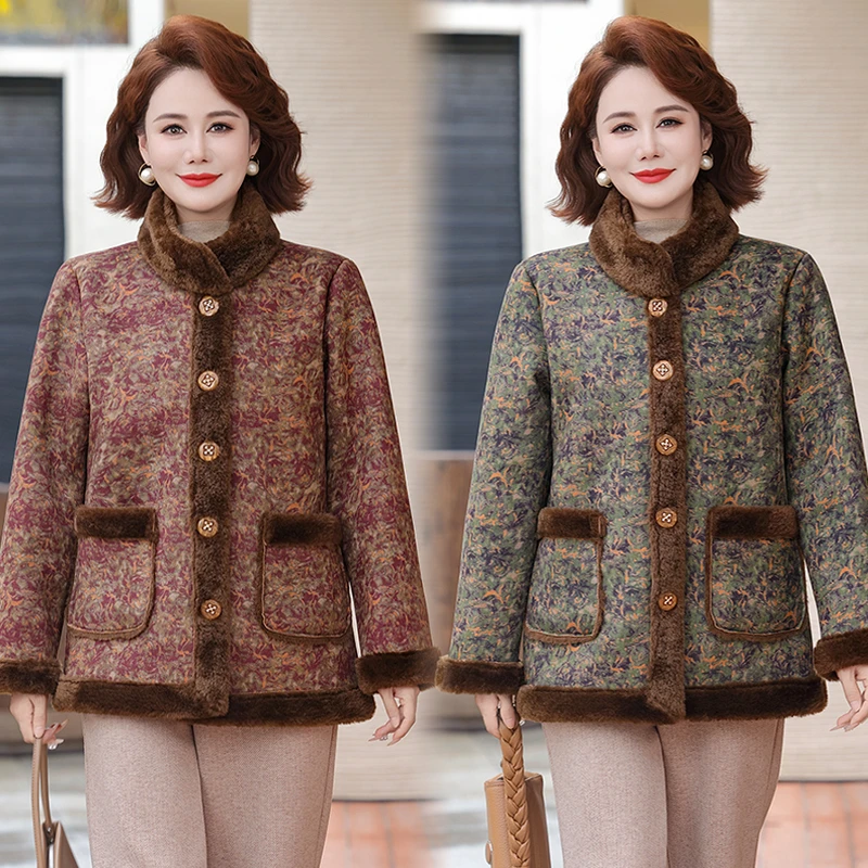 中老年女装皮毛一体外套妈妈装加绒外套厚大码秋冬厚褂子夹克