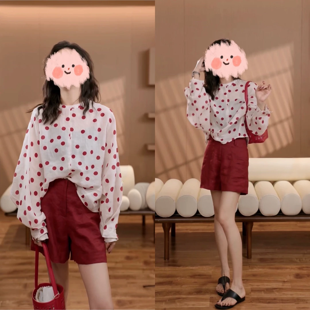 2025夏季新款时尚波点宽松衬衫娃娃衫洋气百搭纯色亚麻短裤两件套