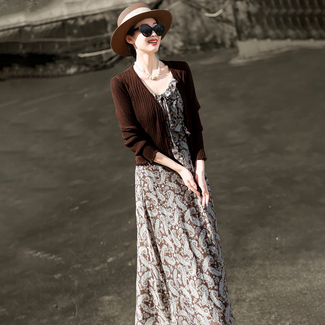 兰瑟儿早秋套装新款气质印花吊带连衣裙针织开衫两件套105QO0966