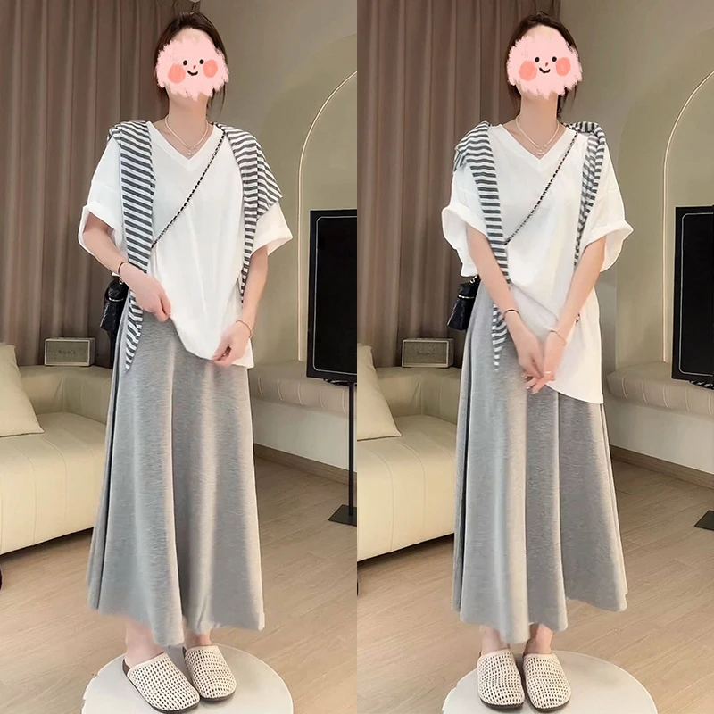 韩系超火休闲套装裙女夏时尚宽松条纹披肩V领短袖t恤半身裙三件套