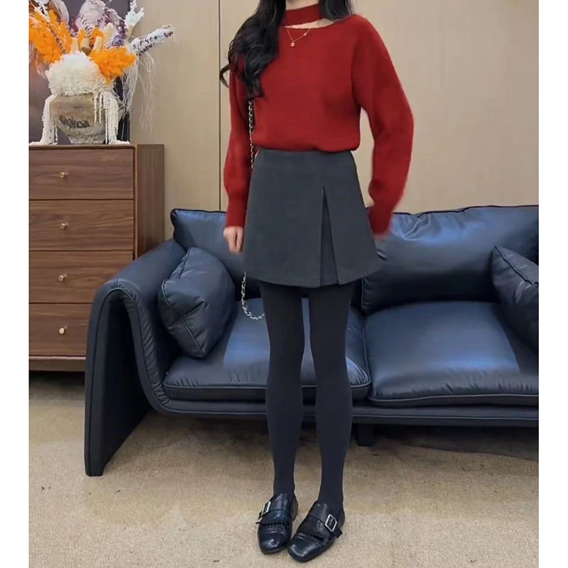 2025女秋冬季毛呢深灰色高腰显瘦百搭开叉A字半身裙短裙休闲裙子