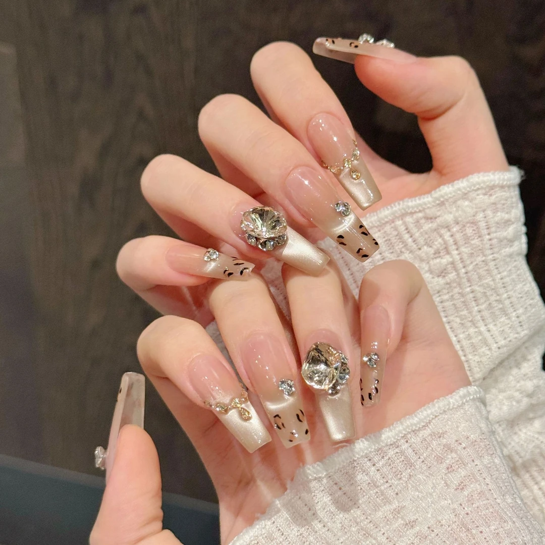 枫糖豹纹｜腮红晕染鎏金猫眼豹纹秋冬显白手工穿戴甲10片