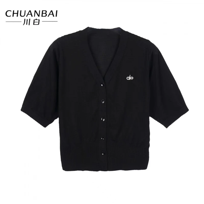 CHUANBAI 川白夏季新款字母刺绣标V领开衫时尚复古气质短袖薄款