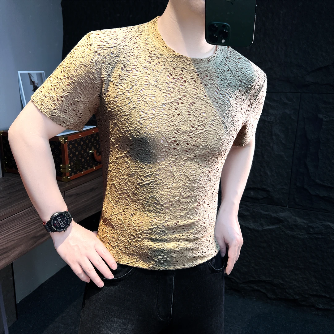 镂空短袖t恤男款爆款2025新款夏季薄款休闲服痞帅高级感男士上衣