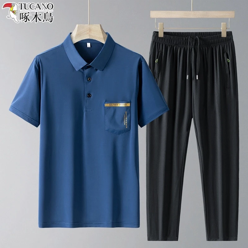 TUCANO/啄木鳥中老年冰丝休闲套装夏季新款短袖POLO衫套装爸爸装