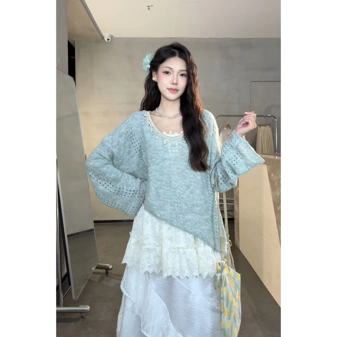 旻旻家【薄荷蔓波】慵懒风春款宽松百搭设计小众罩衫上衣女（50163）