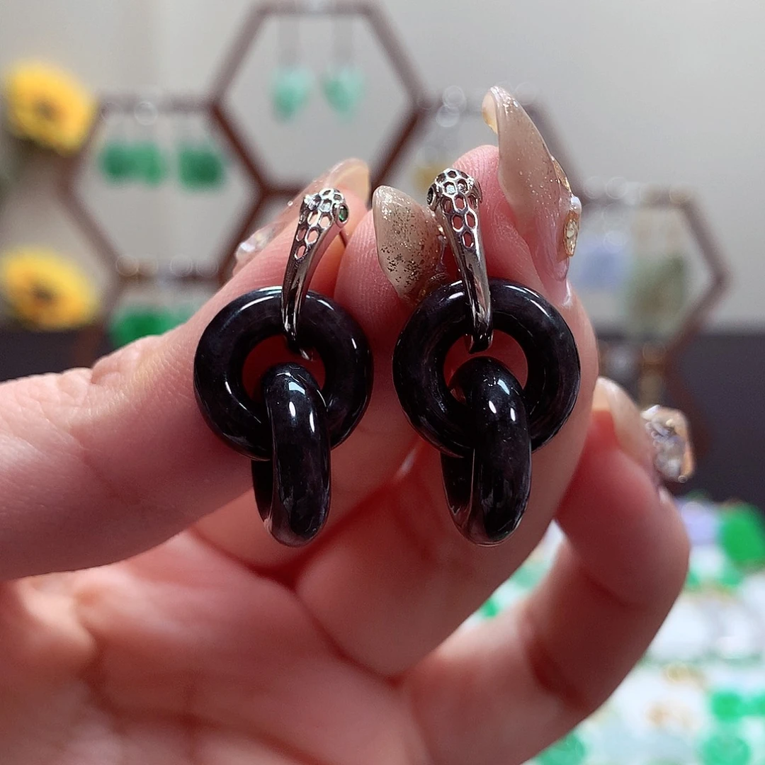 翡翠耳饰银S925镶嵌天然翡翠